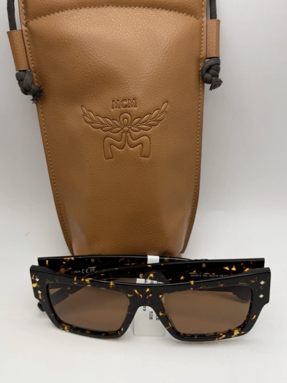 MCM Tortoiseshell Rectangular Sunglasses with Tan Leather Pouch